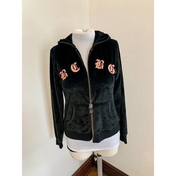 VTG Y2K BCBG MaxAzria Black Velour Rhinestone Track Suit L Hoodie Juicy Heart Lo - Picture 1 of 16